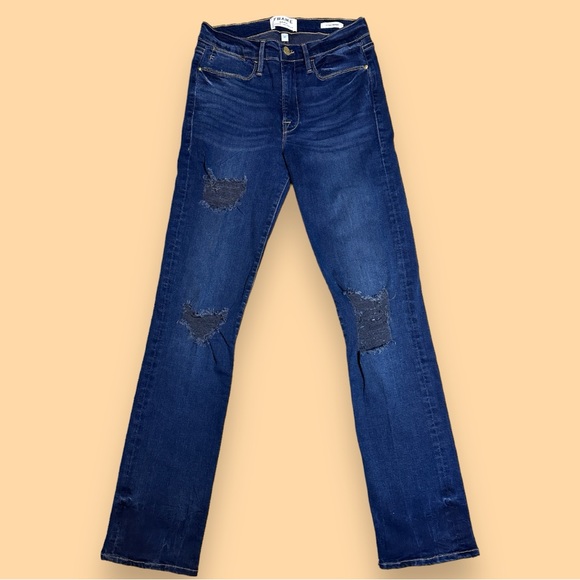 NWOT FRAME Le High Straight Distressed Jeans in Majesty Deep Blue. Size 27👖 - Picture 2 of 14